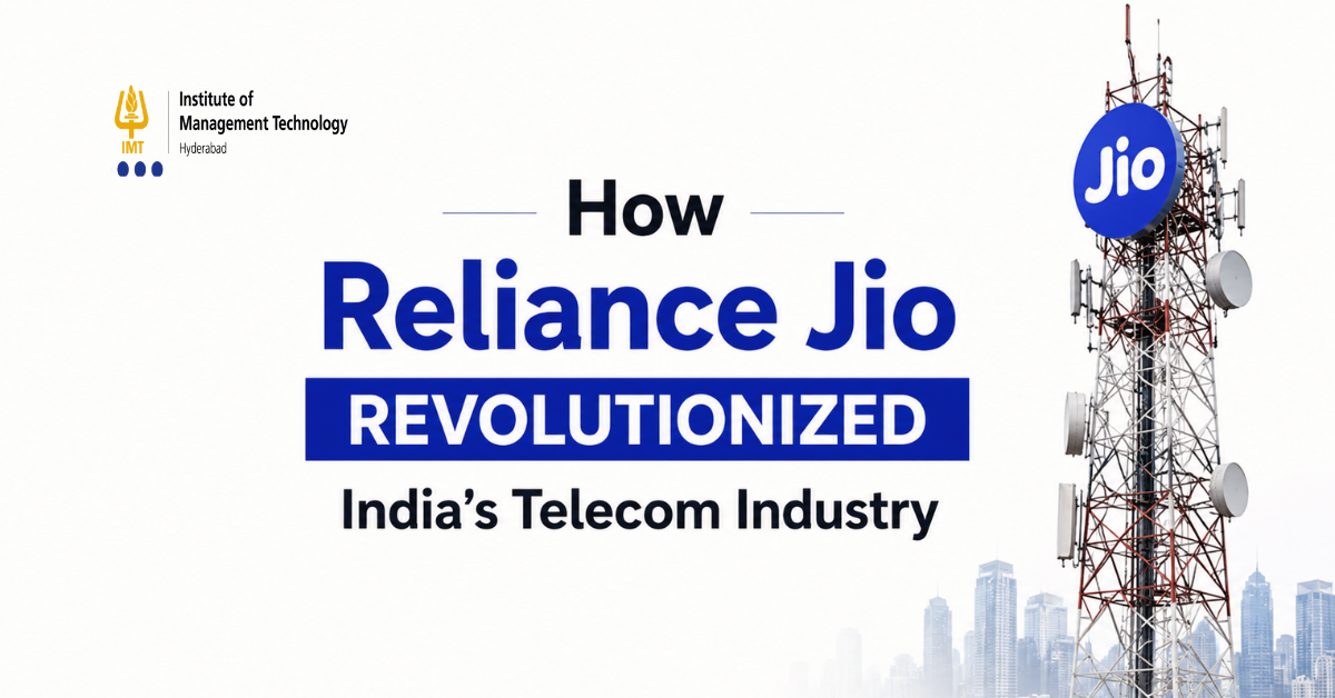 How Reliance Jio revolutionized India's telecom industry, a management case study banner for PGDM students