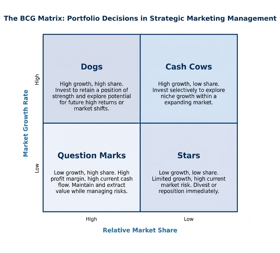 BCG matrix diagram showing stars, question marks, cash cows and dogs quadrants for portfolio strategy 