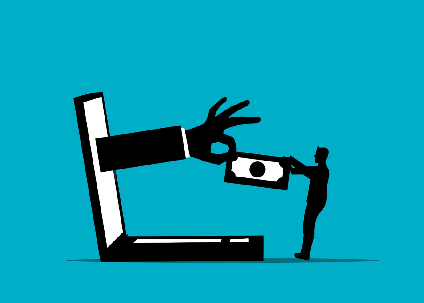 Hand taking money from computer