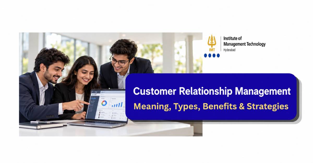 PGDM students at IMT Hyderabad reviewing a customer relationship management dashboard showing segments, churn and lifetime value