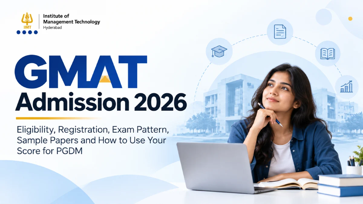 GMAT admission 2026 guide showing an Indian MBA aspirant preparing for the GMAT exam with a laptop and study notes at IMT Hyderabad