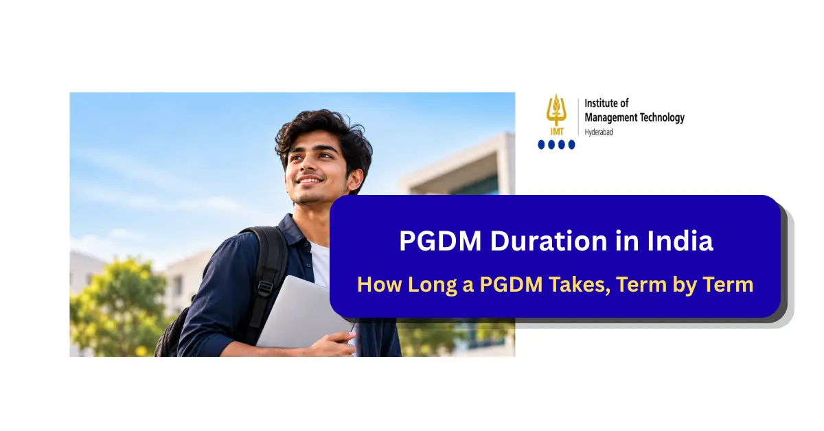 PGDM duration in India shown as a two-year timeline with six terms and a summer internship at IMT Hyderabad